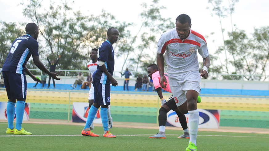 Etincelles FC striker Claude Mumbele Saiba celebrates his goal during their 2-1 win over Police FC at Kigali Stadium yesterday. Sam Ngendahimana.