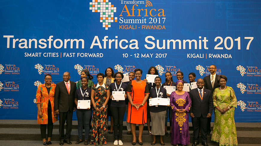 Last year's Ms Geek Africa finalists pause for a photo with First Lady Jeannette Kagame and other officials. (Courtesy)