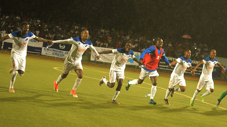 Rayon Sports players celebrate after beating Costa do Sol 3-0 in the first leg, a fortnight ago. The team is set to get big bonuses after qualifying for the group stages of the CAF Confederation Cup. Sam Ngendahimana.
