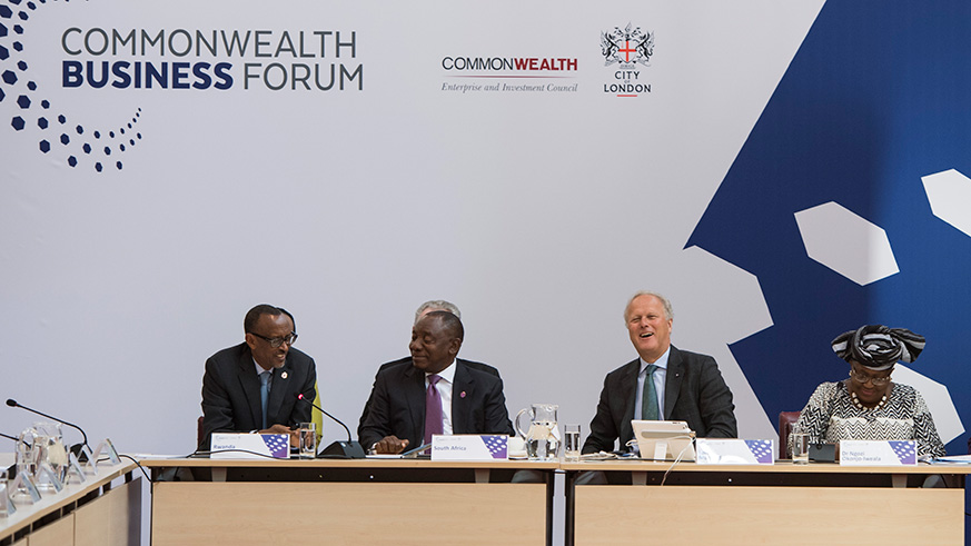 Left-right: President Kagame, President Cyril Ramaphosa of South Africa, Commonwealth Enterprise and Investment Council Chairman Lord Marland, and former Nigeriau2019s finance minister Ngozi Okonjo-Iweala at the Commonwealth Business Forum in London yesterday. Kagame, who is the current Chairperson of the African Union, said African leaders need to improve business environment for citizens to fully benefit from the recently signed African Continental Free Trade Area agreement. Village Urugwiro.