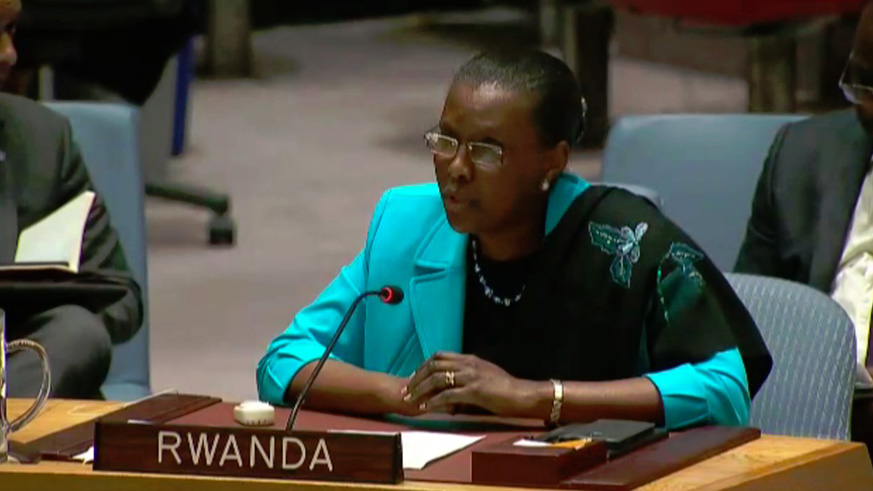 Ambassador Valentine Rugwabiza, Rwandau2019s permanent representative to the UN in New York, speaks during a past session. (Net photo)