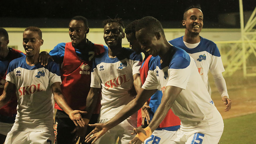 Rayon Sports players celebrate a goal against Costa  do Sol during their first leg in Kigali on April 6. File.