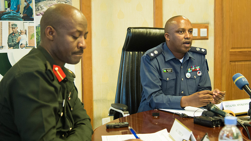 Defence and Military Spokesperson Lt Col Innocent Munyengango (right) during the news conference about the upcoming RDF Citizen Outreach Programme, best known as Army Week,  as Col James Ruzibiza, the head of J9, looks on yesterday. Nadege Imbabazi.