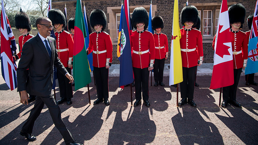 President Kagame walks past a parade mounted by the Coldstream Guards as Commonwealth leaders met in London for the biennial gathering yesterday. Village Urugwiro. 