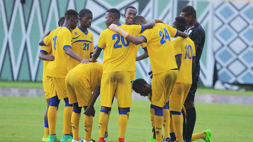 Amavubi U-20 players celebrate a goal during their 2-1 win against SC Kiyovu in a  friendly match last week. Sam Ngendahimana. 