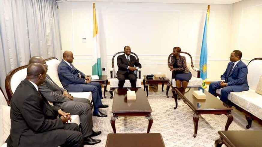 Alassane Ouattara, the President of Ivory Coast is in the country. He was received by Rwanda's Foreign Afffairs minister, Louise Mushikiwabo. (Courtesy)