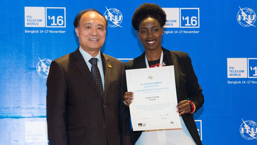 ITU Secretary General Houlin Zhao awards Muganga for her innovation in Thailand in 2016. Courtesy. 