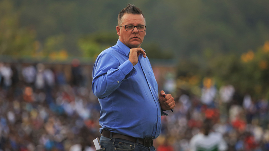 Rayon Sports  coach calls his players during the match against Kiyovu at Kigali Stadium. Sam Ngendahimana.