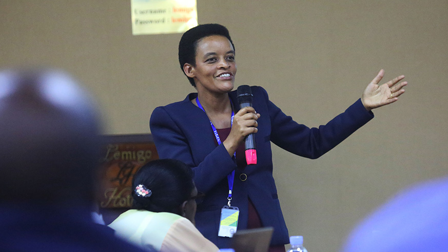 Head of gender-based violence unit at the National Public Prosecution Authority Agnes Muhongerwa speaks during the meeting in Kigali yesterday. Sam Ngendahimana.