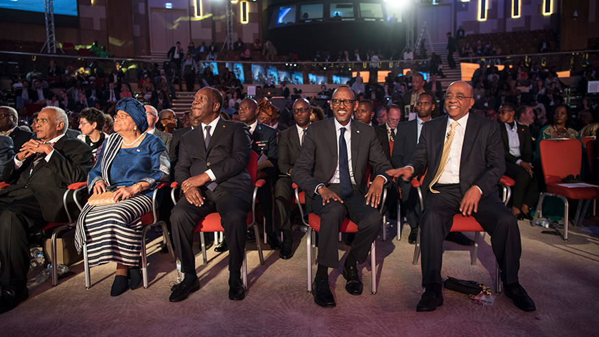 Salim Ahmed Salim, Ellen Johnson Sirleaf, President Alassane Ouattara of CÃ´te d'Ivoire, President Kagame and Mo Ibrahim at the event yesterday. Village Urugwiro.