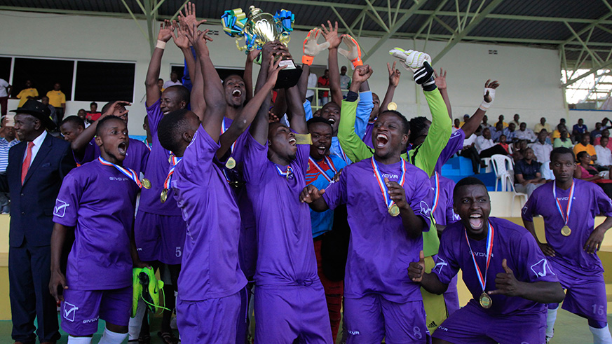 Miroplast players celebrate after being promoted to the first division last season.  Sam Ngendahimana.