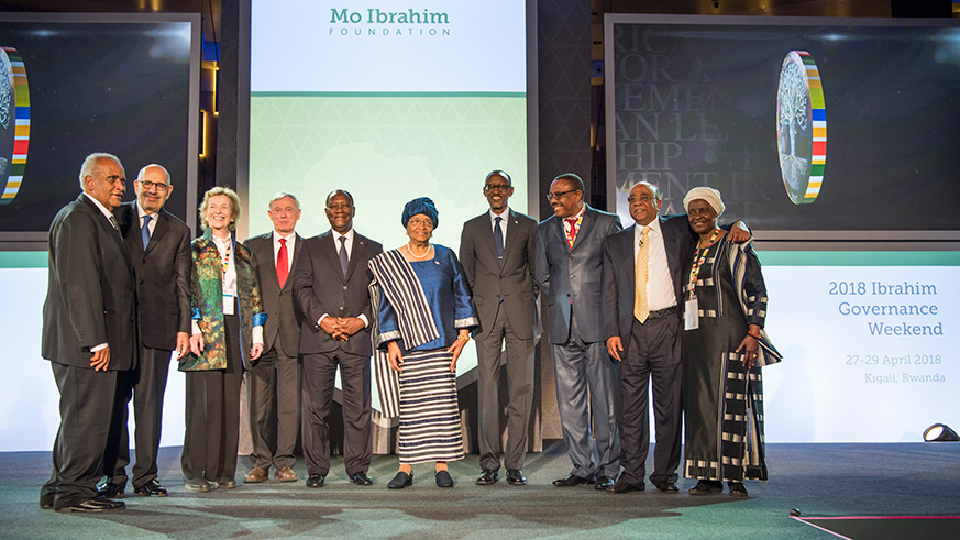 Left-right: Former OAU Secretary-General Salim Ahmed Salim; former Cabo Verde President Pedro Pires; former Irish President Mary Robison; former German President Horst Ku00f6hler; President Alassane Ouattara of Cu00f4te du2019Ivoire, former Liberian President and laureate of 2017 Ibrahim Leadership Prize Ellen Johnson Sirleaf; President Kagame; former Ethiopian Prime Minister Hailemariam Desalegn and Mo Ibrahim at the event yesterday. Village Urugwiro.