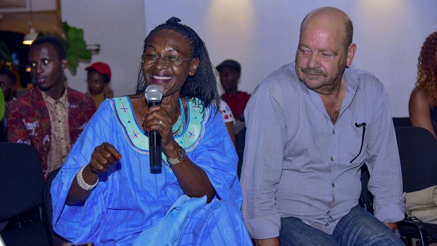 Mukagasana with her husband talk to youth about writing and reading at Afflatus Africa meeting last week. Courtsy.