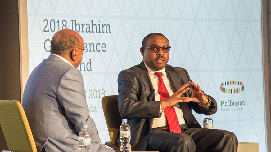 Former Ethiopian Prime Minister Hailemariam Desalegn on a panel discussion with Mo Ibrahim during 2018 Ibrahim Governance weekend. Nadege Imbabazi.