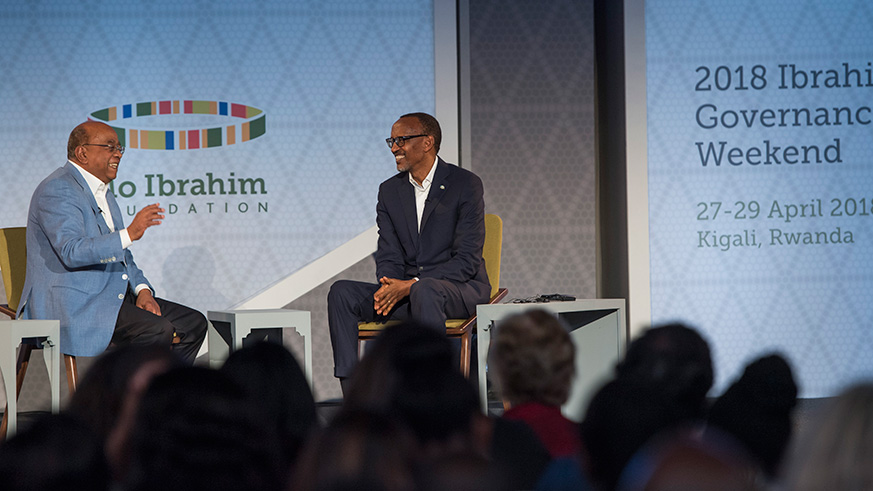 President Kagame (R) speaks at a panel discussion themed â€œPublic services in 21st century Africaâ€ that was moderated by Dr Mo Ibrahim (L), the founder of the Mo Ibrahim Foundation at the Kigali Convention Centre yesterday. Village Urugwiro.