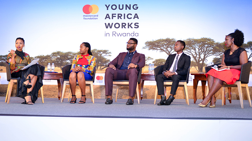 L-R. South African journalist Nozipho Mbanjwa and Mastercard Foundation Youth Tank members Peace Aradukunda, David Chuckwuma, Pacifique Nshimiyimana and Angela Nzioki during the unveiling of the Young Africa Works Strategy initiative recently. Courtesy.