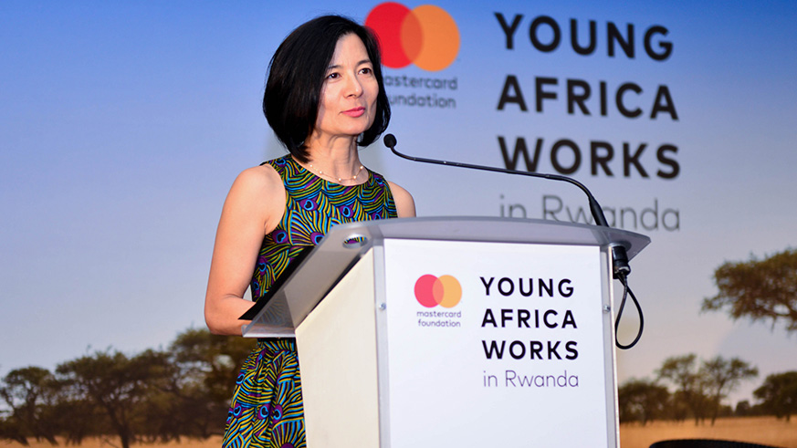 Reeta Roy, the President and Chief Executive Officer of Mastercard Foundation speaks during the launch of Young Africa Works Strategy initiative recently. Courtesy.