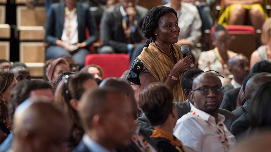 A delegate asks a question during a panel discussion on â€œPublic services in 21st century Africaâ€ at the Ibrahim Governance Weekend yesterday at Kigali Convention Center. Village Urugwiro.