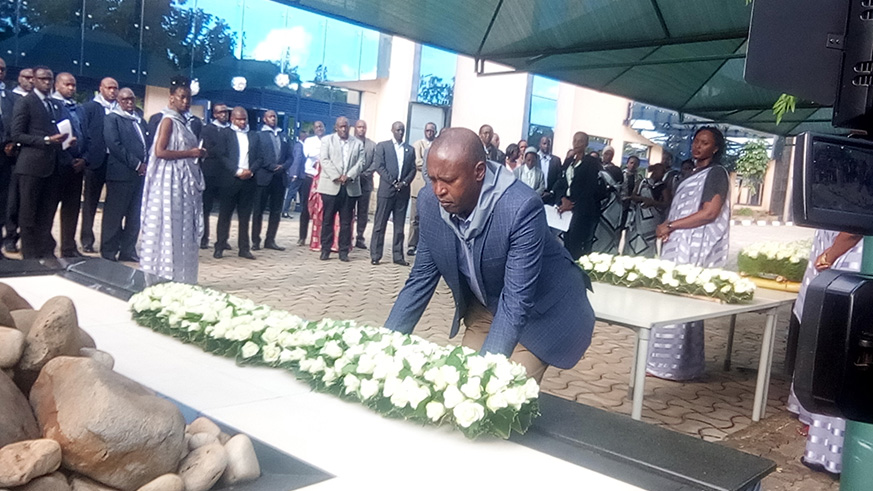 RSSB staff lays wreaths on the memorial while remembering 19 killed staff during a 1994 genocide against the Tutsi.