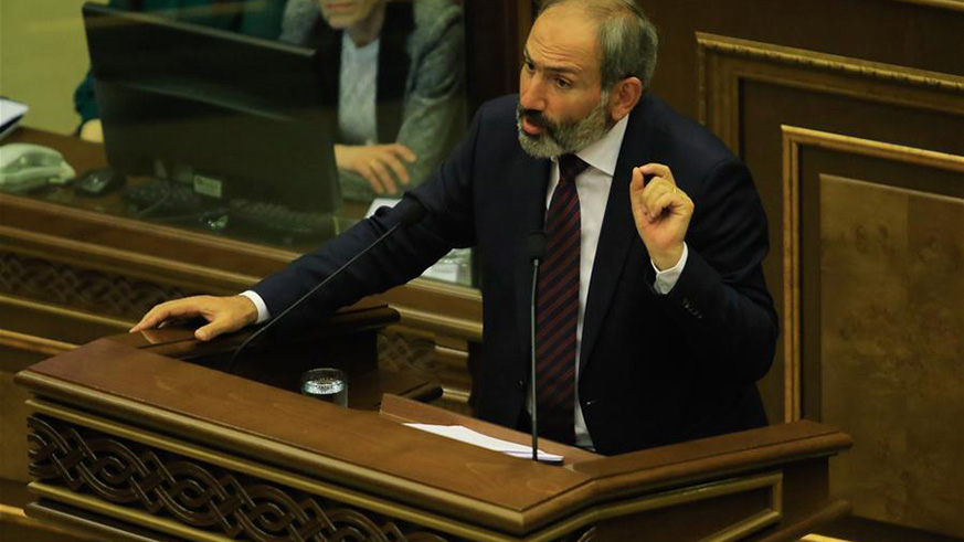 Nikol Pashinyan delivers a speech at a parliament session in Yerevan, Armenia, on May 1, 2018.
