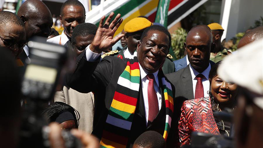 Zimbabwe's President Emmerson Mnangagwa (C) visits the 59th edition of the Zimbabwe International Trade Fair (ZITF) in Bulawayo, Zimbabwe.