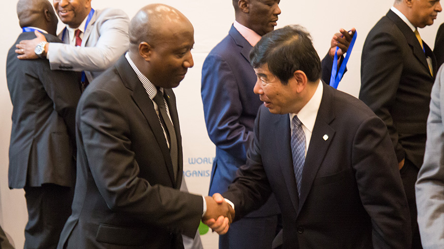 Prime Minister Ã‰douard Ngirente shakes hands with Dr Kunio Mikuriya, Secretary General of the World Customs Organisation, after the 23rd WCO ESA Governing Council Meeting yesterday.  Nadege Imbabazi.
