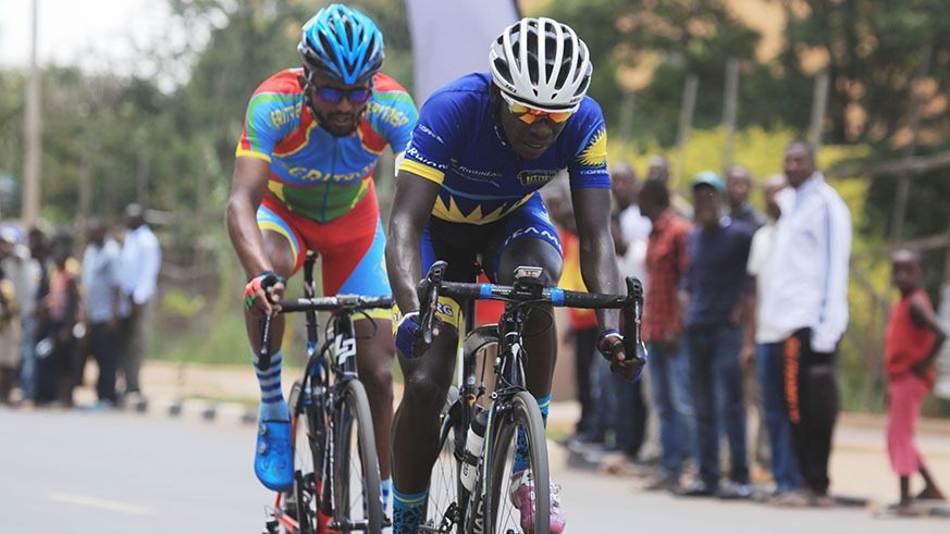 Jean-Claude Uwizeye (in front) with Eritrean rider Eyob Metkel during the African Road Race Championship in Kigali in February. Sam Ngendahimana.