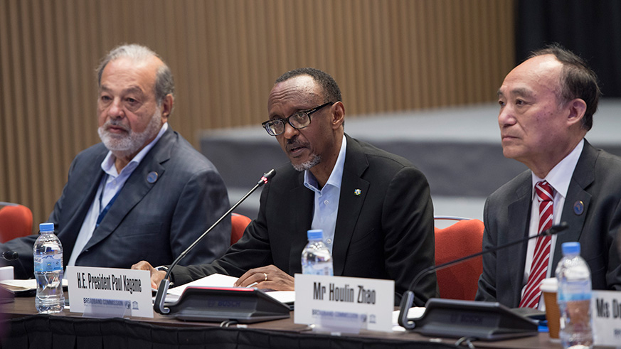 President Kagame speaks at the 2018 Spring Meeting of the Broadband Commission for Sustainable Development in Kigali. (Courtesy)
