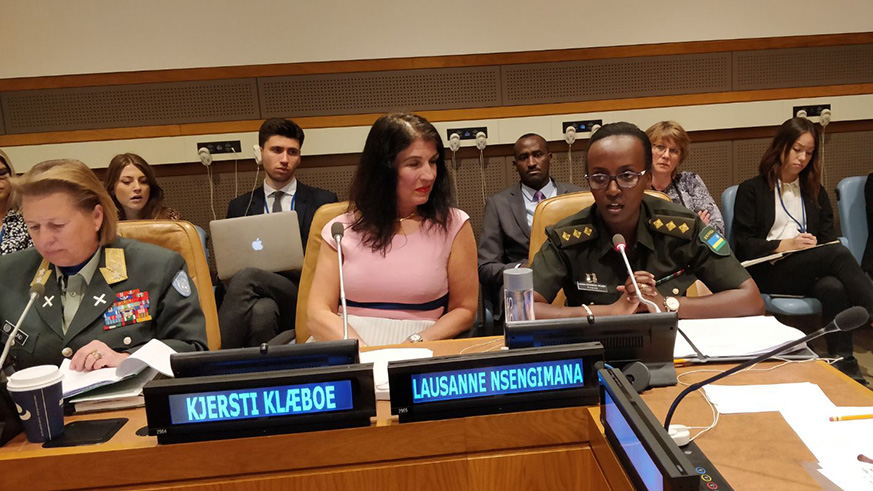 Captain Lausanne Nsengimana recounts her experience when she was deployed in Central African Republic in 2014 during the meeting at which a call was made to increase women participation in UN Peacekeeping Missions. Courtesy