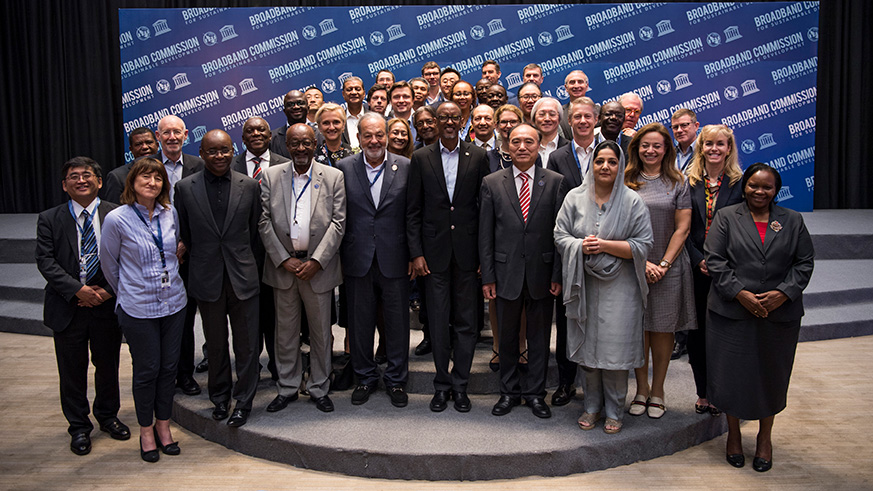 President Kagame in a group photo with Broadband Commissioners as well as Co-Chair Carlos Slim Helu00fa and Vice Co-Chair Houlin Zhao. During the 2018 Spring Meeting of the Broadband Commission for Sustainable Development held in Kigali, the President said that the desired economic development requires broadband infrastructure that is accessible and affordable. Village Urugwiro
