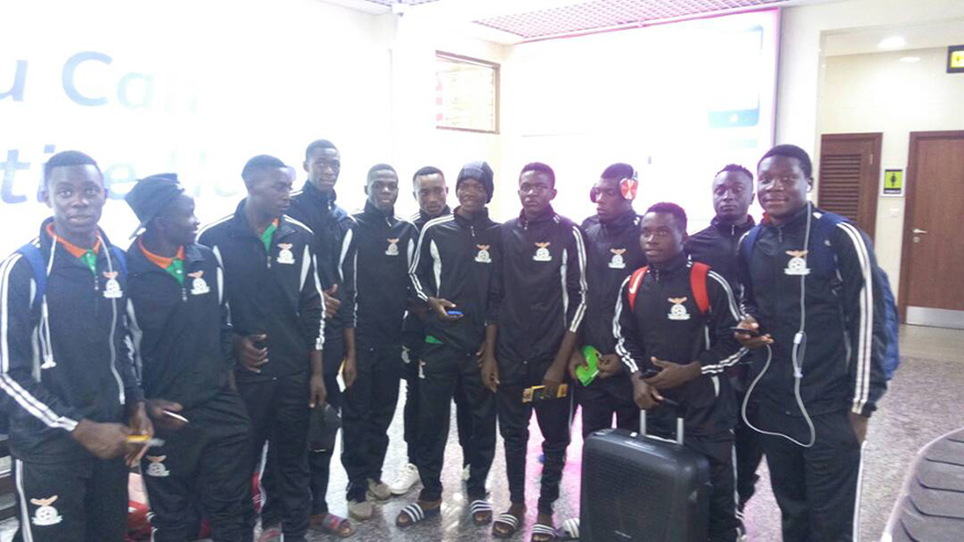 The Under-20 Zambian delegation at Kigali International Airport after landing on Wedneday morning. (Peter Kamasa)