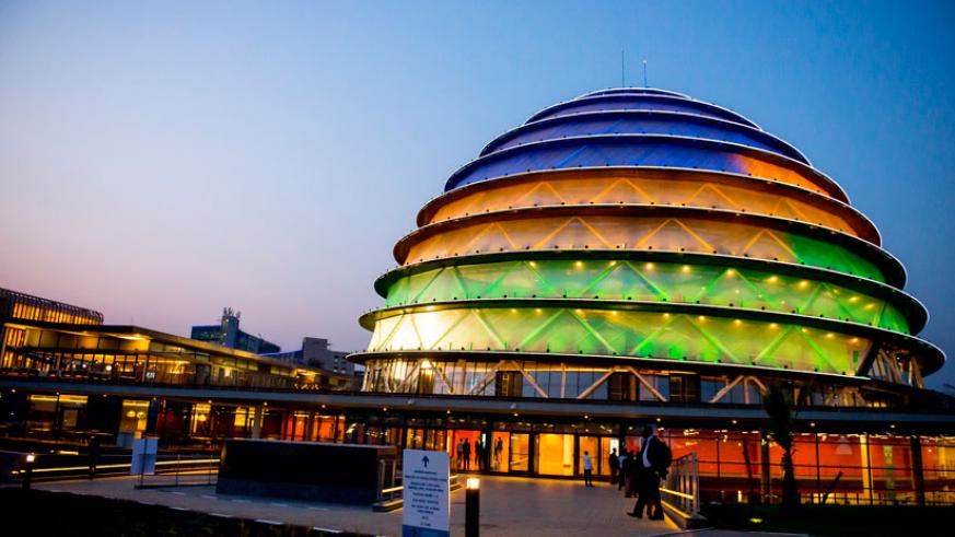 A night view of the Kigali Convention Centre. 