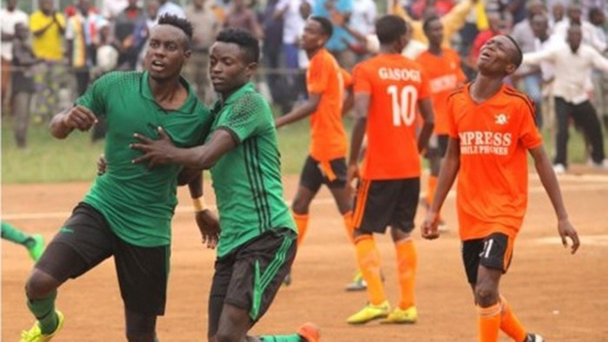 Rwamagana City players (green and black) celebrate after scoring in a past league match. (Net photo)