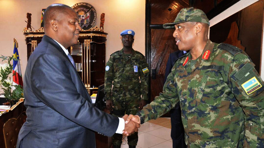 Gen. Nyamvumba and CAR President Faustin-Archange Touadu00e9ra during their meeting in Bangui on Tuesday. Courtesy.