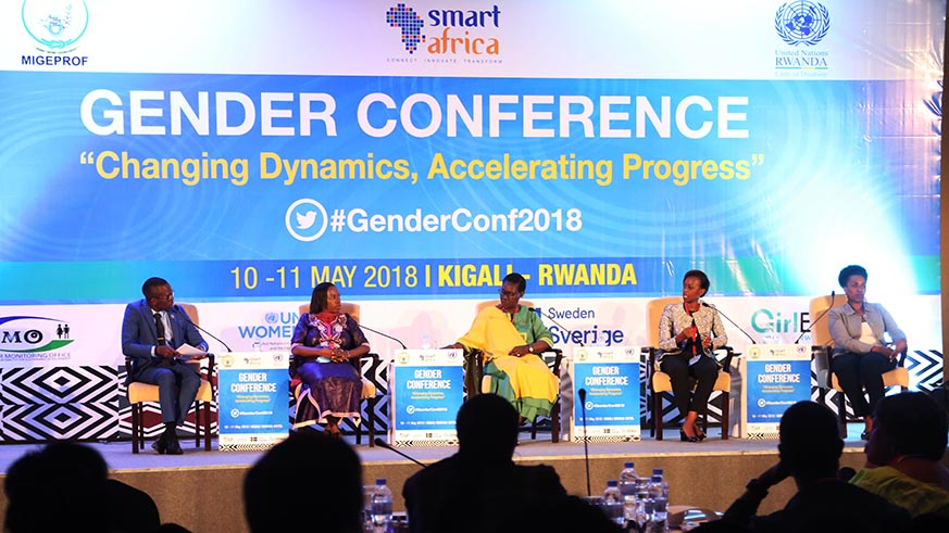 Trademark East Africa Rwanda country director Patience Mutesi makes a point during a panel discussion as Central Bank Deputy Governor, Monique Nsanzabaganwa (left) and Diana Ofwona, UN Women Regional Director West and Central Africa, look on. This was during Transform Africa Smart Womenu2019s Summit that opened in Kigali yesterday. Sam Ngendahimana.