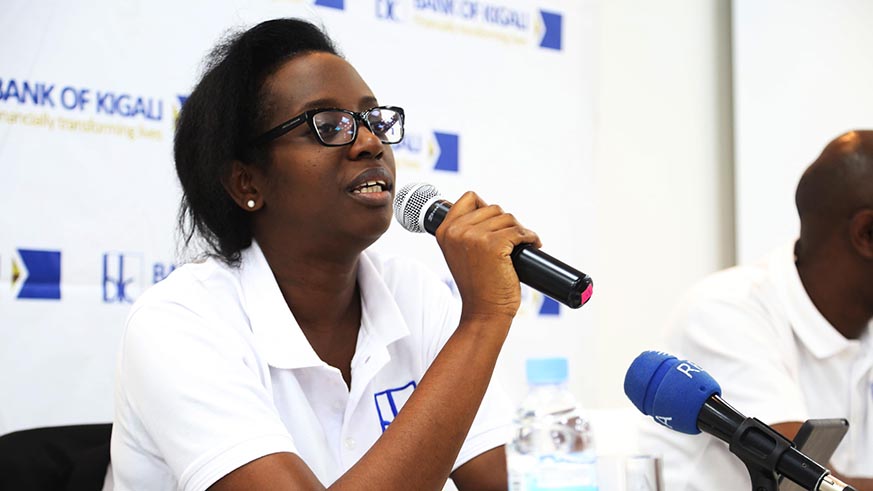 Bank of Kigali CEO Diane Karusisi addresses the press conference yesterday in Kigali. S. Ngendahimana. 
