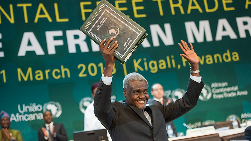 The Chairperson of the African Union Commission Moussa Faki in a jovial mood after 44 countries endorsed the AfCFTA in Kigali in March. Village Urugwiro.