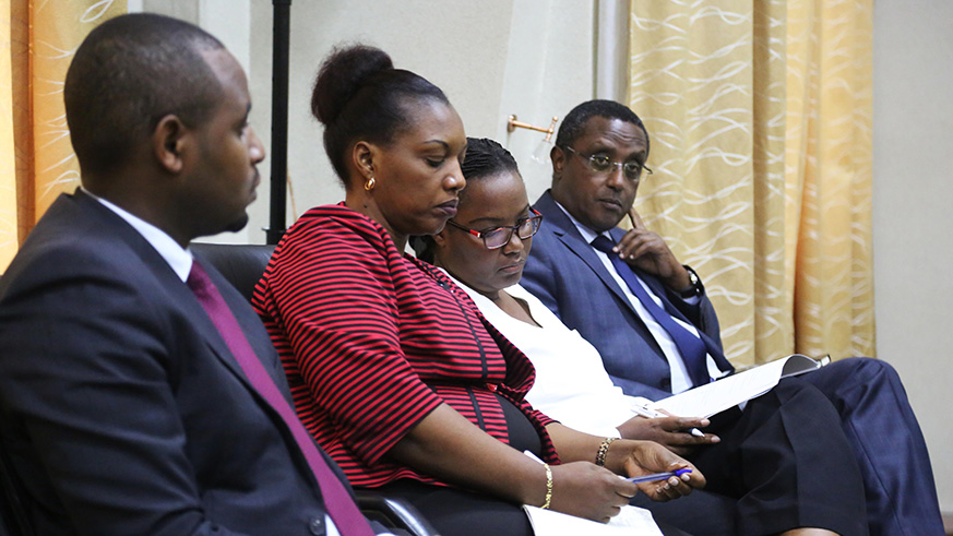 L-R: The Minister of State in charge of Transport, Eng. Jean de Dieu Uwihanganye; Minister for Lands and Forestry, Francine Tumushime; Minister for Agriculture and Animal Resources, GÃ©rardine Mukeshimana; and the Minister for Environment, Dr Vincent Biruta attended the news briefing at the Prime Ministerâ€™s Office in Kimihurura yesterday. Sam Ngendahimana.