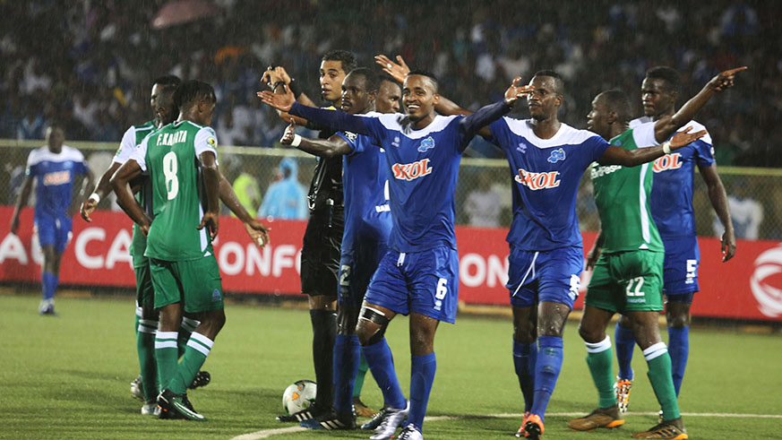 Rayon Sports players gesture to the referee in the match they played against Gor Mahia. The Blues take on Tanzanianu2019s Young Africans on May 16. Sam Ngendahimana.