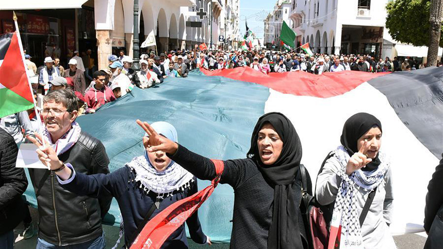 People march to commemorate the upcoming Nakba Day in Rabat, Morocco, on May 13, 2018. (Net photo)