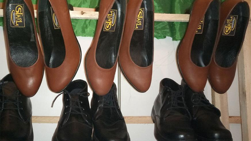 Some of the shoes made by a Gatsibo-based leather products factory displayed in Kigali. File.