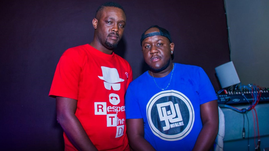 VJ Nano (in a red t-shirt), the organiser of Prime Saturdays, with DJ Joe Mfalme.