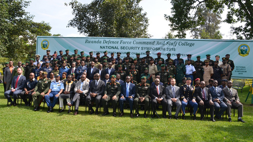 Participants and officials pose for a group photo at the Rwanda Defence Force Command and Staff College in Musanze District yesterday. Courtesy.