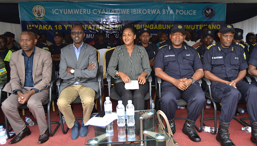 Minister of Youth, Rosemary Mbabazi [c], DIGP Juvenal Marizamunda [R] and Governor Western Province Alphonse Munyentwari during Police Week launch in Ngororero District.