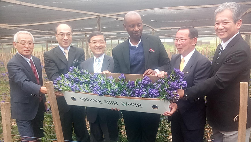 Officials from Japan and NAEB pose for a photo after harvesting Gentian flowers in Nyacyonga wetland, which will soon be exported./Michel Nkurunziza