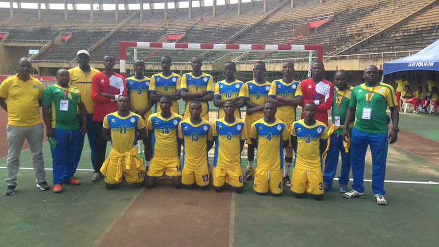 The Rwandan youngsters in a group photo before sinking Burundi in a 37-22 win on Thursday afternoon at Namboole Stadium. (Courtesy)