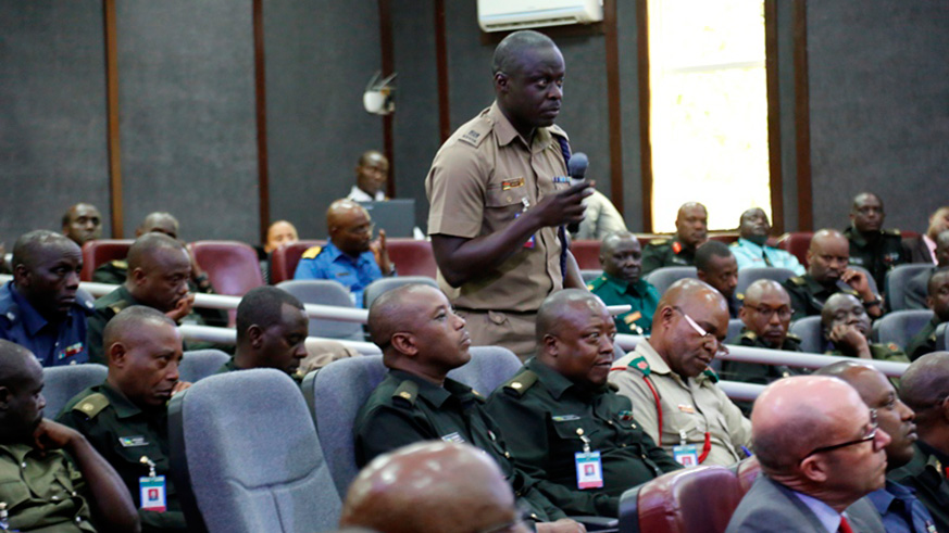 One of student officers of Senior Command and Staff Course Intake 06 asking a question during the just concluded symposium