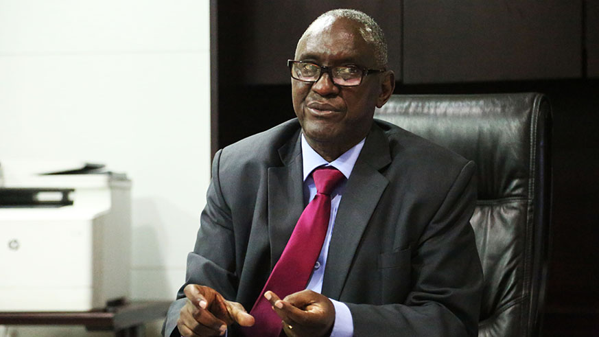 The Director of Pension and Pre-Retirement Benefits Department Oswald Munyandekwe speaks during the news briefing yesterday.  Sam Ngendahimana.