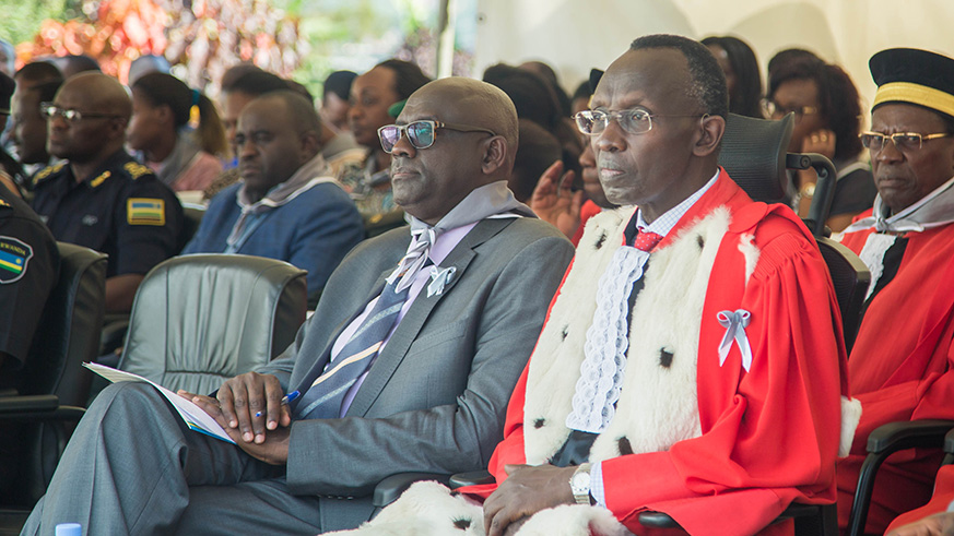 Minister for Justice Johnston Busingye (left), Chief Justice Prof. Sam Rugege, and other officials during the Genocide commemoration event at the Ministry of Justice yesterday. Nadege Imbabazi.