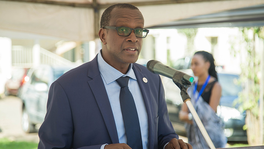 Jean-DamascÃ¨ne Bizimana, CNLG executive secretary, speaks at the event